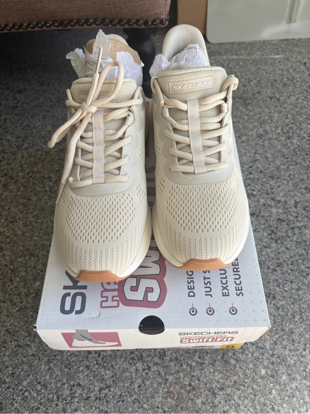 Skechers Ladies Athletic Sneakers in Cream with Tan Accents